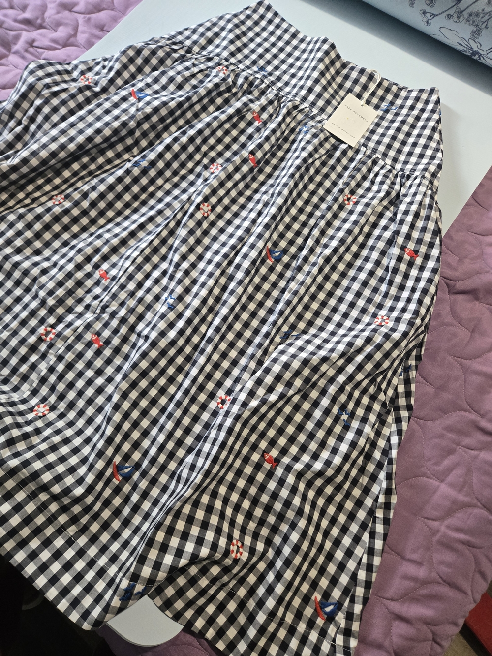 Black and White Gingham A-Line Midi Skirt with Red & Blue Embroidery - Picture 2 of 6